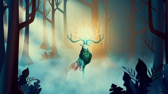 Loop animation of deer with glowing horns in a mystical forest