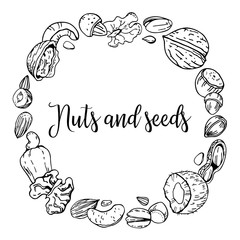 Round frame with nuts and seeds. Hand drawn outline vector sketch illustration