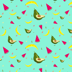 Food Pattern Background. Watermelon_Banana_Avocado fruit pattern background. 