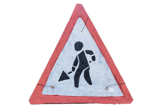 Handmade road sign 'Road works' isolated on white.