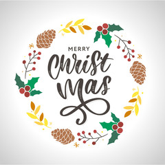 hand drawn ink Christmas wreath with bump, fir branches, Christmas decorations. design for adults, poster, print sketch vector