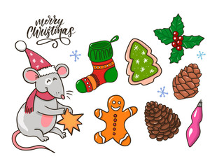 Merry Christmas traditional symbols in doodle style isolated on white background. Vector illustration of New Year attributes gingerbread Rat Christmas tree etc. Happy New Year sketches.