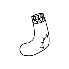Winter sock. Hand drawing. Black outline on white background. Picture can be used in christmas and new year greeting cards, posters, flyers, banners, logo etc. Vector illustration. EPS10