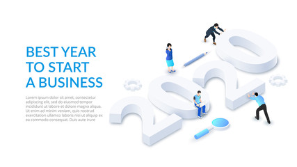 The New Year 2020 isometric number design concept. Landing page with people. Best year to start a business.