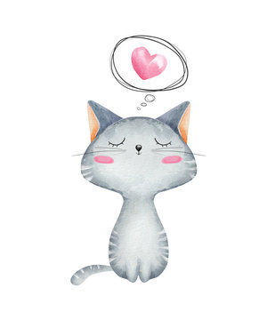 Watercolor little cat in love. Valentine's Day greeting card