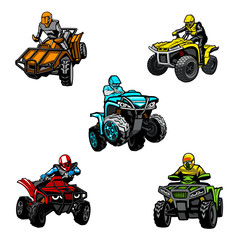 Five full-color quad bikes from different angles, isolated background. - obrazy, fototapety, plakaty