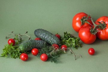 Flat lay composition with fresh cucumber, green-stuff and tomatoes on green background with copy cpace