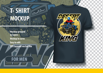 T-shirt mock-up template with Quad bike on desert land. Editable vector layout.