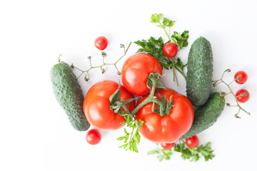 Flat lay composition with fresh vegetables on red background. 