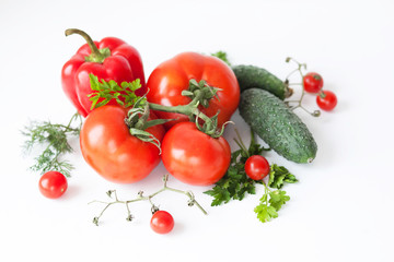 Flat lay composition with fresh vegetables on red background. 