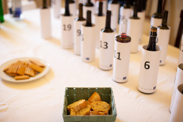 Fototapeta na wymiar blind wine tasting bottle preparation with numbers