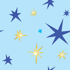 Vector seamless pattern with golden, blue, light blue stars isolated on light blue background