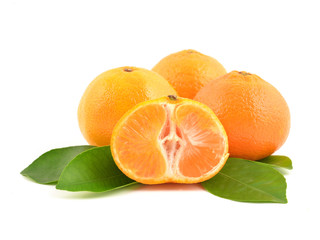 Orange mandarins with leaf isolated on white background. Healthy fruits, tangerines. 