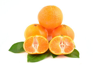 Orange mandarins with leaf isolated on white background. Healthy fruits, tangerines. 