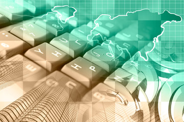 Keyboard, mail signs and map