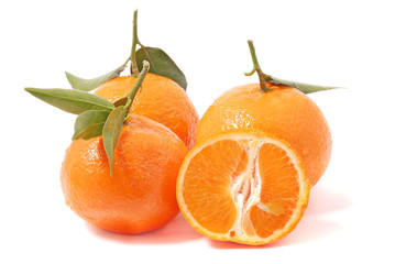 Orange mandarins with leaf isolated on white background. Healthy fruits, tangerines. 