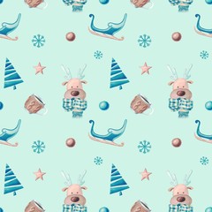 Watercolor seamless pattern with cute characters deer, scarf, stars, and decor. Christmas seamless pattern for cards, wrapping paper, invitations and other purposes.