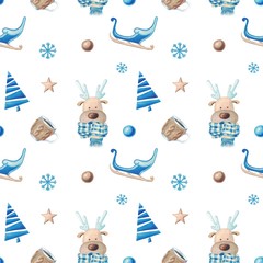 Watercolor seamless pattern with cute characters deer, scarf, stars, and decor. Christmas seamless pattern for cards, wrapping paper, invitations and other purposes.