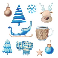 Christmas set of watercolor elements. Cute characters deer, xmas tree, sledge, сhristmas toy, cup, scarf, snowflake and decor. 