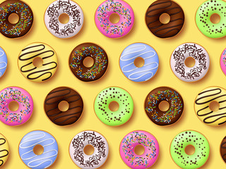 Fototapeta na wymiar Colorful donuts with icing on yellow background. Top view, realistic style. Vector illustration.