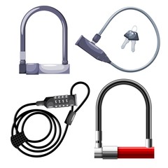Set of cartoon bicycle locks on a white background. Security devices for bicycles. A collection of objects of protection from thieves