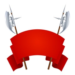 Two medieval halberds with a red banner for information on a white background. Vector illustration of ancient edged weapons with flag