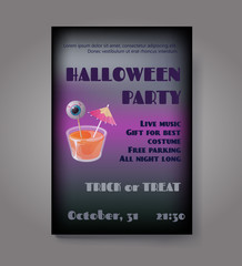 Halloween party flyer or poster. Vector template with cocktail jelly shot and spooky eye on stick. Trick or treat concept.