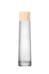 Isolated glass bottle of white alcoholic beverage with wooden cork