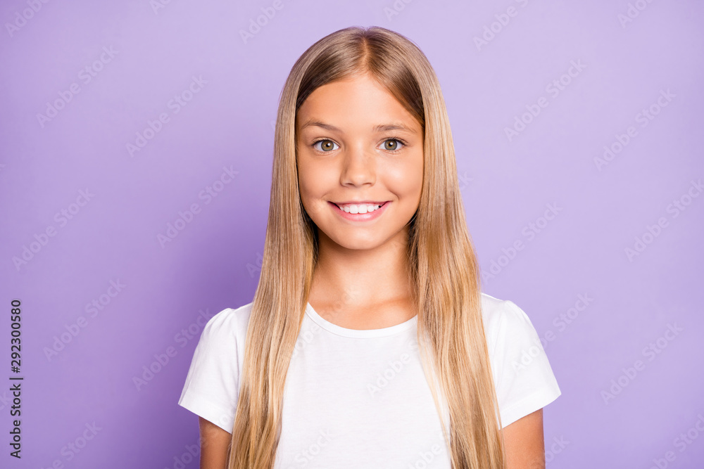 Sticker Close up photo of pretty positive cheerful child look have fun free time holidays with her family friends wear white t-shirt clothe isolated over violet color background