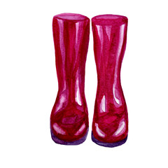 Watercolor hand-drawn pair of rubber boot in purple magenta color.
