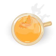 Yellow fruity aromatic tea with slice of orange in ceramic cup. Top view. Invigorating, refreshing hot drink giving energy, joy and recreation. Top view. Vector cartoon illustration isolated on white.