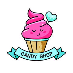 Candy shop illustration with cute cupcake