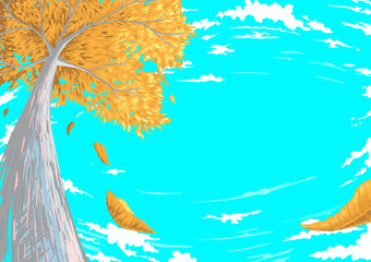 Worm eye view yellow tree on light blue sky background. In the autumn. Colored drawing vector illustration.