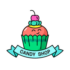 Candy shop illustration with cute cupcake