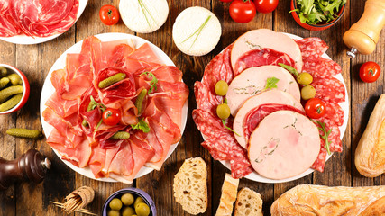 assorted of meats, delicatessen with ham, bacon,speck,bacon and salami
