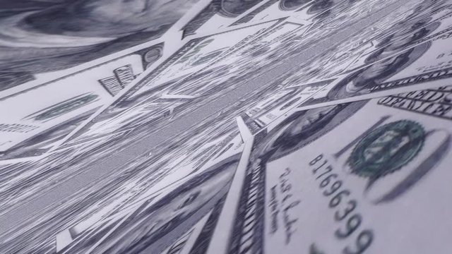 Animation of many one hundred dollar bank notes at the horizon. Panning wide shot.