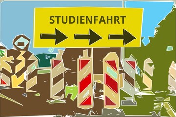 Studienfahrt - Konzept Wegweiser Gelbes Schild 14, Pfeile nach rechts