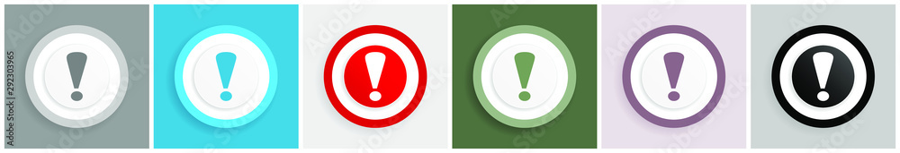 Aufkleber Exclamation sign icon set, colorful flat design vector illustrations in 6 options for web design and mobile applications