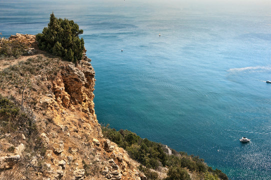 Rocky coast of the Black Sea at Cape Feolent, Crimea Peninsula