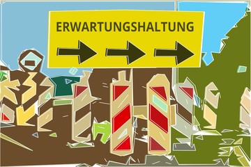 Erwartungshaltung - Konzept Wegweiser Gelbes Schild 14, Pfeile nach rechts - obrazy, fototapety, plakaty