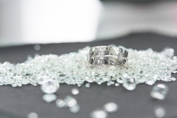 Close up of diamond ring on jewelry background, platinum ring on diamond.	