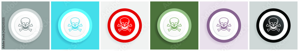 Poster skull icon set, colorful flat design vector illustrations in 6 options for web design and mobile app