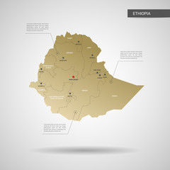 Stylized vector Ethiopia map.  Infographic 3d gold map illustration with cities, borders, capital, administrative divisions and pointer marks, shadow; gradient background. 