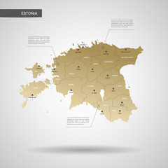 Stylized vector Estonia map.  Infographic 3d gold map illustration with cities, borders, capital, administrative divisions and pointer marks, shadow; gradient background. 