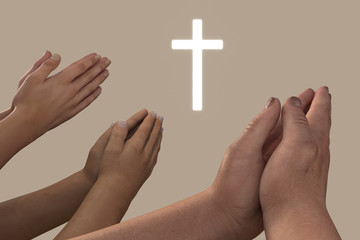 A 3 d rendering of prayings hands in front of a bright shiny Christian cross