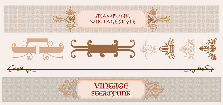 Vintage Steampunk frame set, border background, cogs and gears invitation letter, wings and airship
