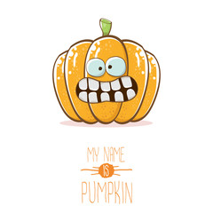 vector funny cartoon cute orange smiling pumkin isolated on white background. My name is pumkin vector concept illustration. vegetable funky halloween or thanksgiving day character