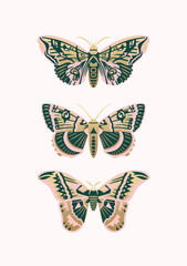 Set of vintage art butterflies for design and decoration.