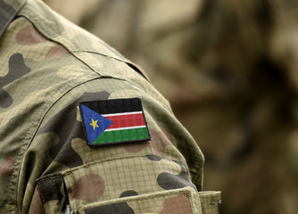 Flag of South Sudan on military uniform. Army, soldiers, Africa (collage).