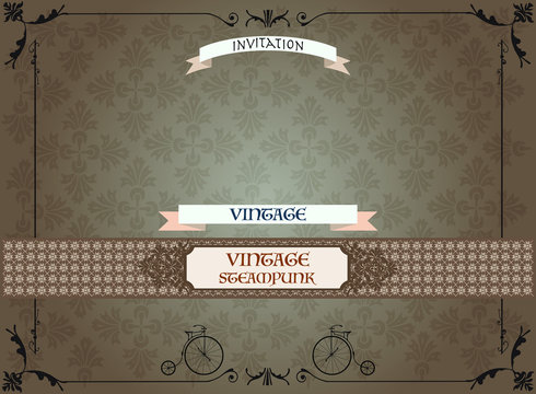 Vintage Steampunk frame set, border background, cogs and gears invitation letter, wings and airship